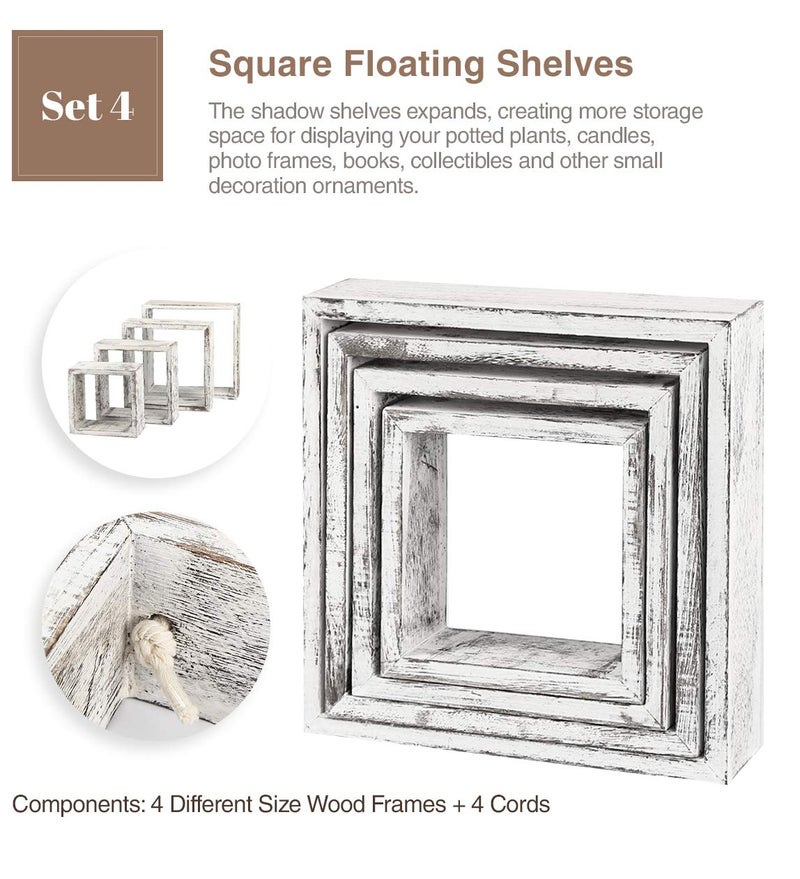 J JACKCUBE DESIGN Floating Hanging Square Shelves Wall Mounted Rustic Wood Cube Display Shelf Shadow Boxes Decorative Boho Home DÃ©cor for Living Room, Bedroom, Office, Set of 4 (White) - MK571C - Image 2